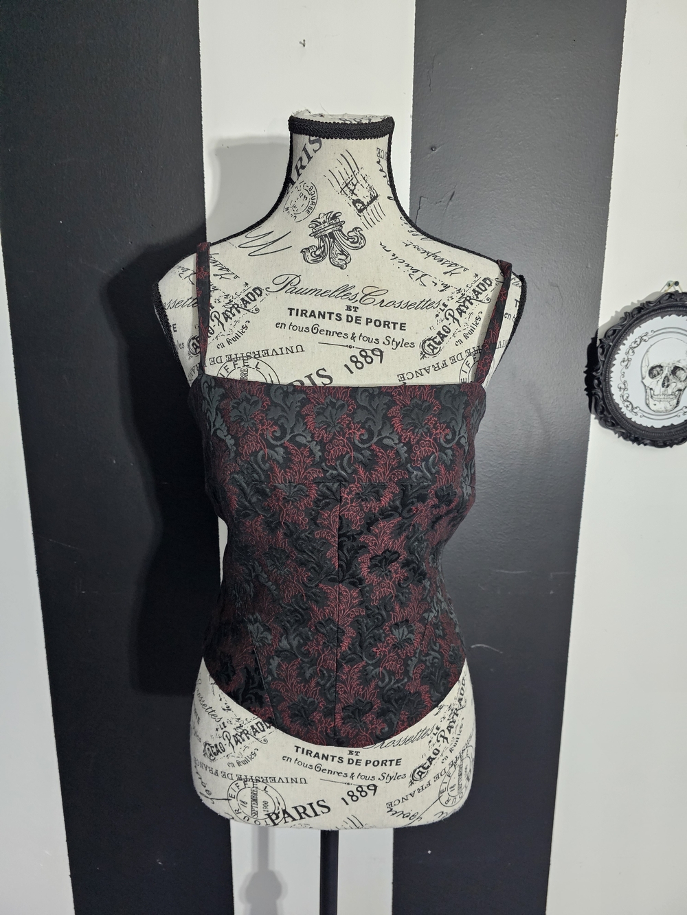 Whimsigoth Women's Black & Burgundy Brocade Corset Top